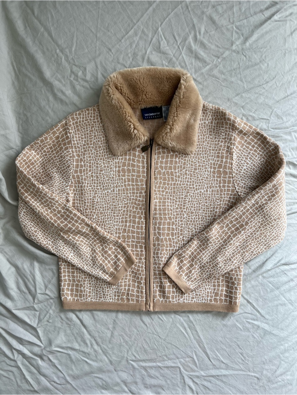 Vintage Liz Claiborne Lizsport Faux Fur Collar Zip Sweater Jacket Small